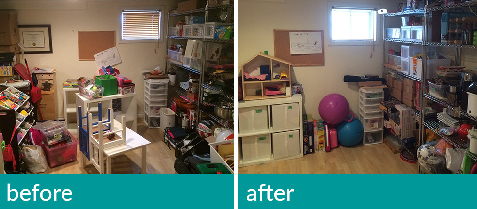 Before and After basement playroom